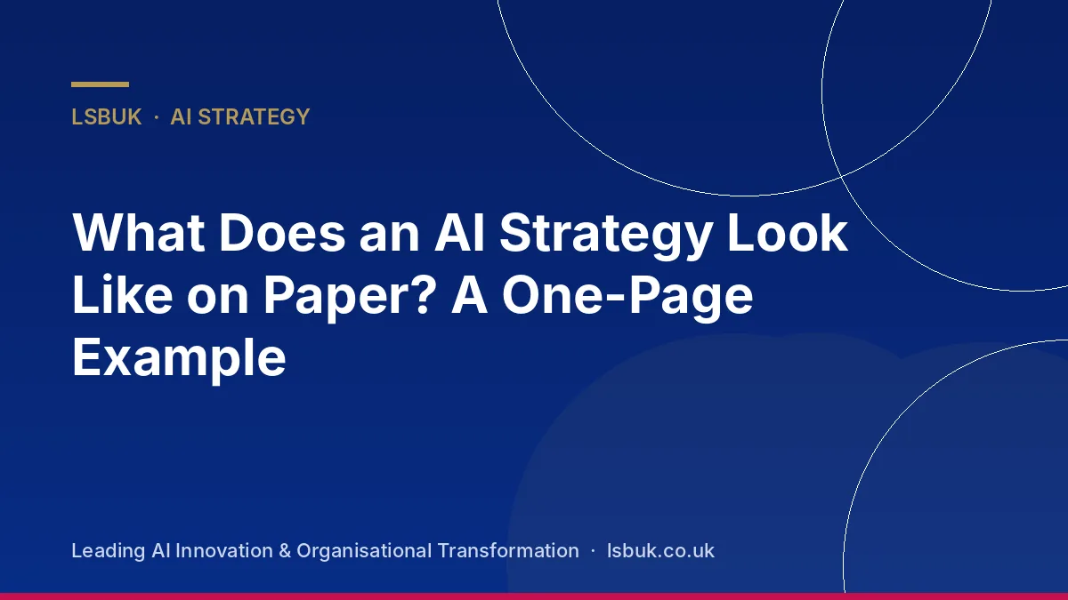 A single printed page titled AI strategy on a desk with a pen