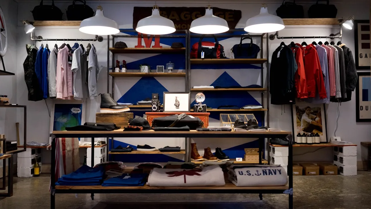 The interior of a curated fashion boutique with clothing and accessories on display