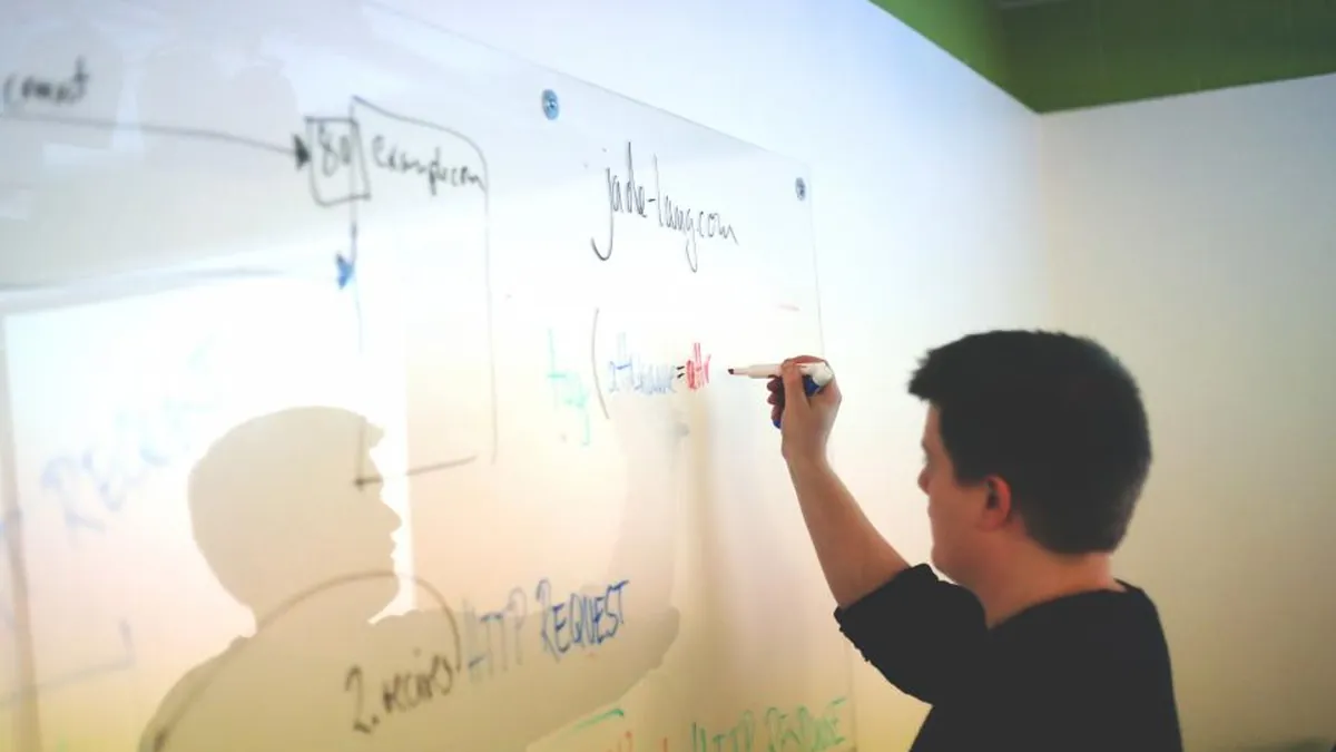 A man drawing a plan on a large whiteboard