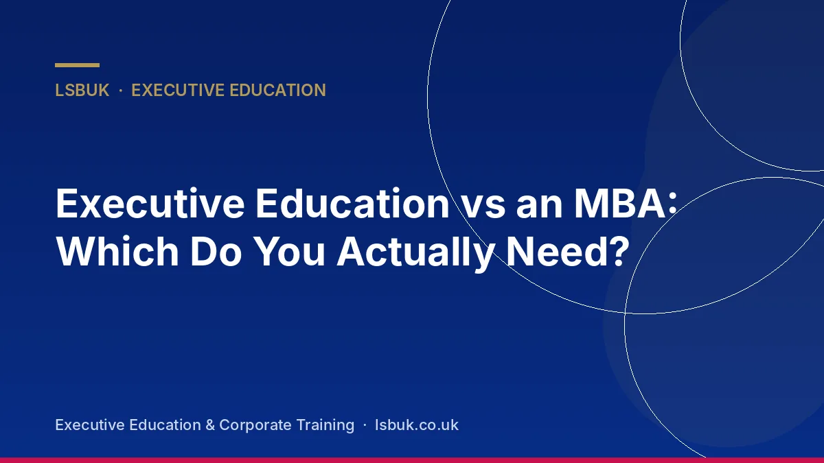 A professional weighing an MBA brochure against a short executive course