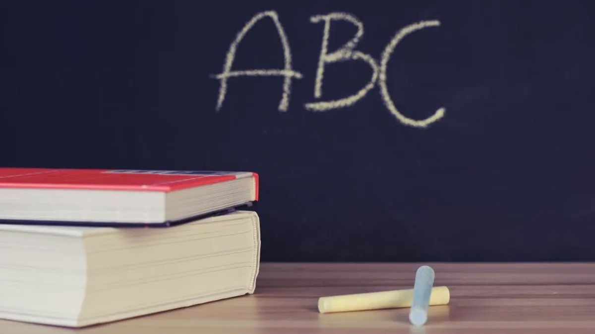 Books stacked in front of a chalkboard with ABC written on it