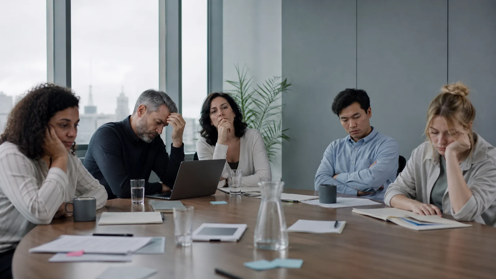 Disengaged workplace team experiencing low energy, weak collaboration and declining performance